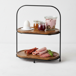 APS Two-Tier Stand Black Metal and Acacia