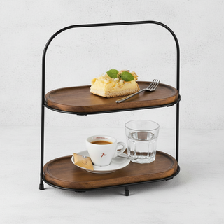 APS Two-Tier Stand Black Metal and Acacia