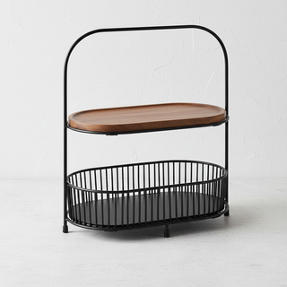 APS Two-Tier Stand Black Metal and Acacia