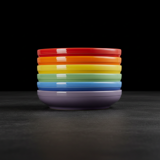 Ciotole Le Creuset impilate su tavolo cemento nero