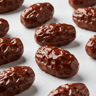 Date-shaped pralines on white concrete