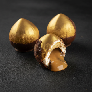 Praline dorate aperte su cemento nero