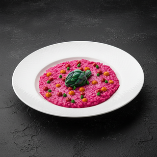 Risotto rosa su tavolo cemento nero